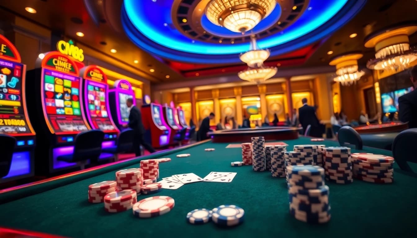 Experience the thrill of the CM88 casino scene with vibrant slot machines and elegant poker tables.