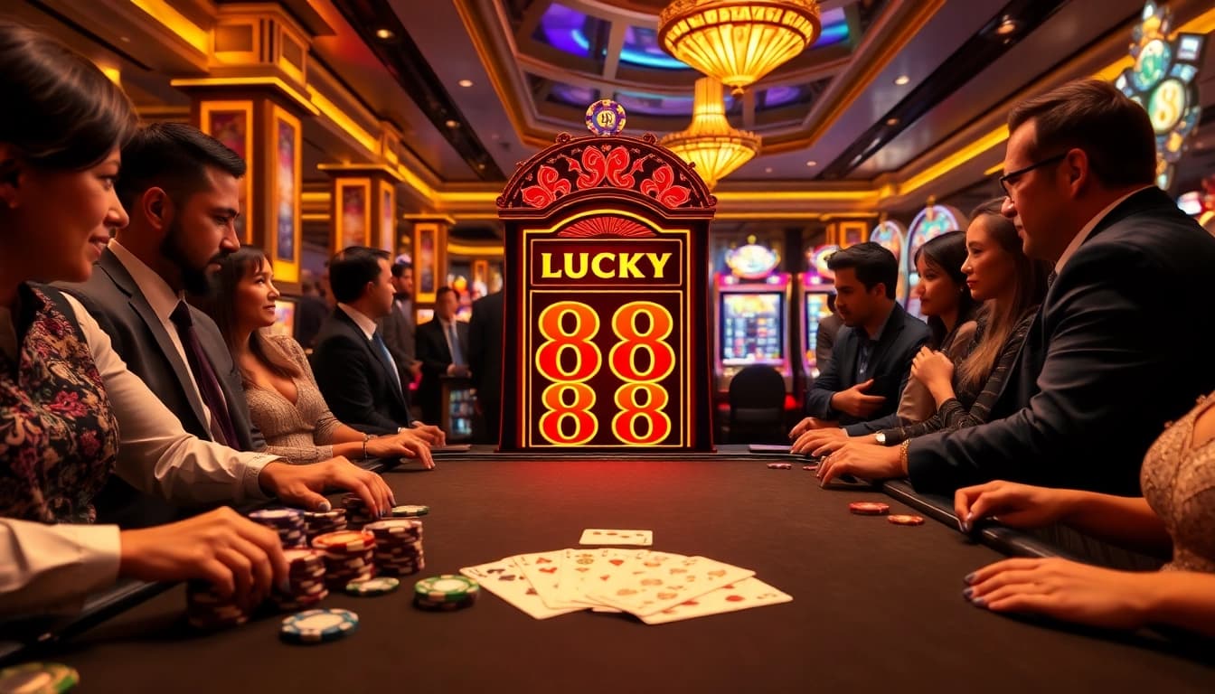 Players enjoying the LUCKY88 slot machine in a vibrant casino atmosphere.