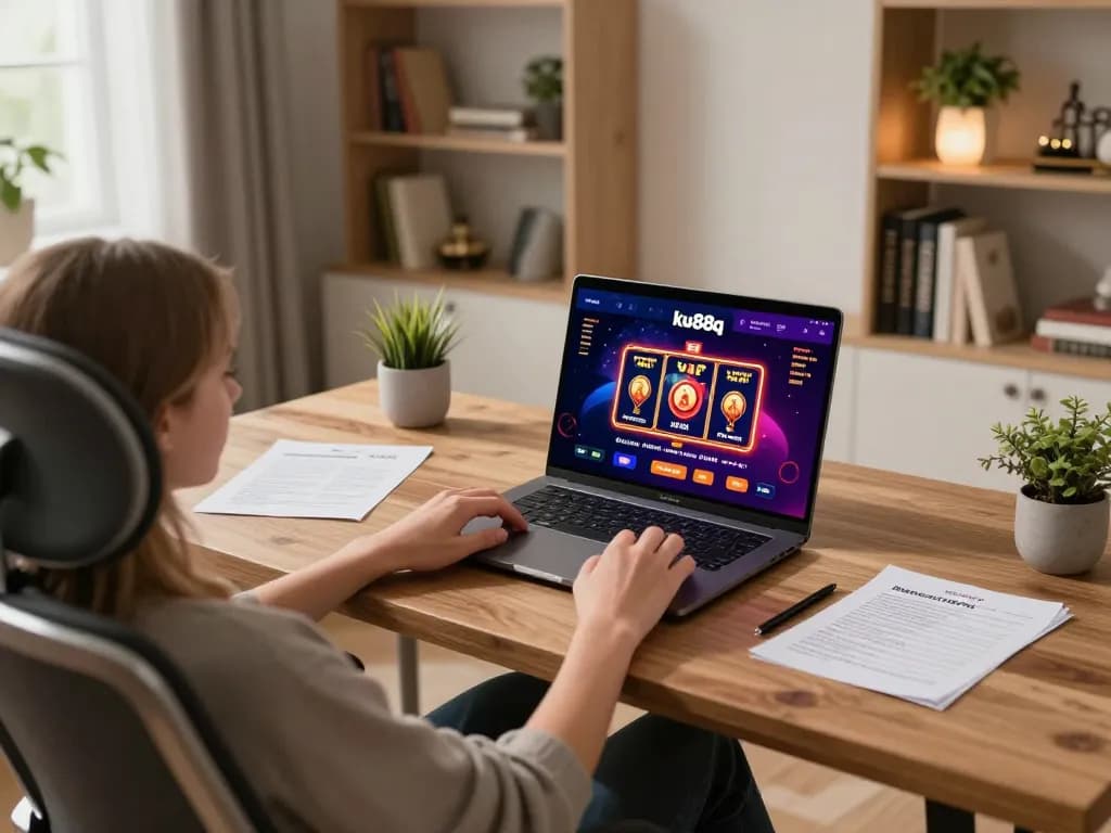Engaging online gambling session on ku88q platform, showcasing vibrant game interface in home setting.