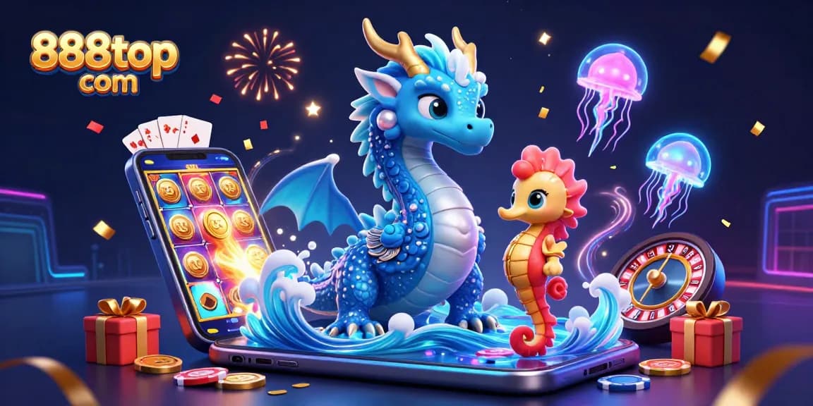 Play games with 888top com featuring a dazzling 3D dragon, seahorse knight, and vibrant casino elements.