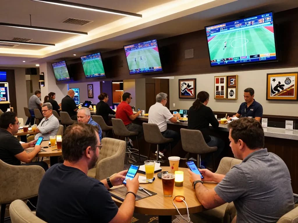 Engaged sports betters analyzing odds and placing wagers at 11 BET sports lounge.