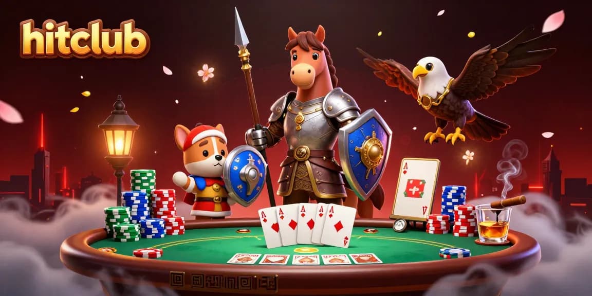 hitclub features a knight, puppy, and falcon in a dynamic casino poker scene.