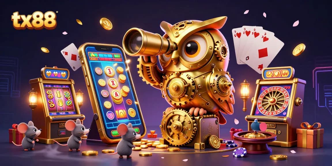 Experience excitement at tx88 with a whimsical golden owl monitoring a vibrant casino scene.
