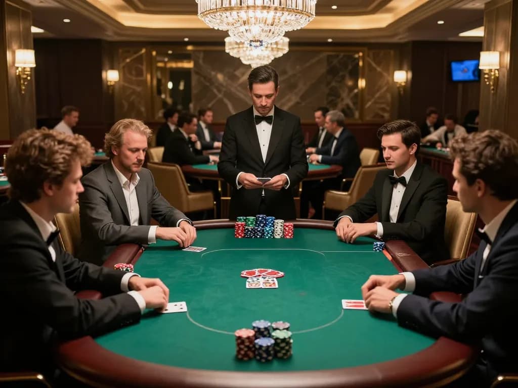 Engaged players around poker table at https://one88.br.com/ in a luxurious VIP lounge, showcasing high-stakes action.