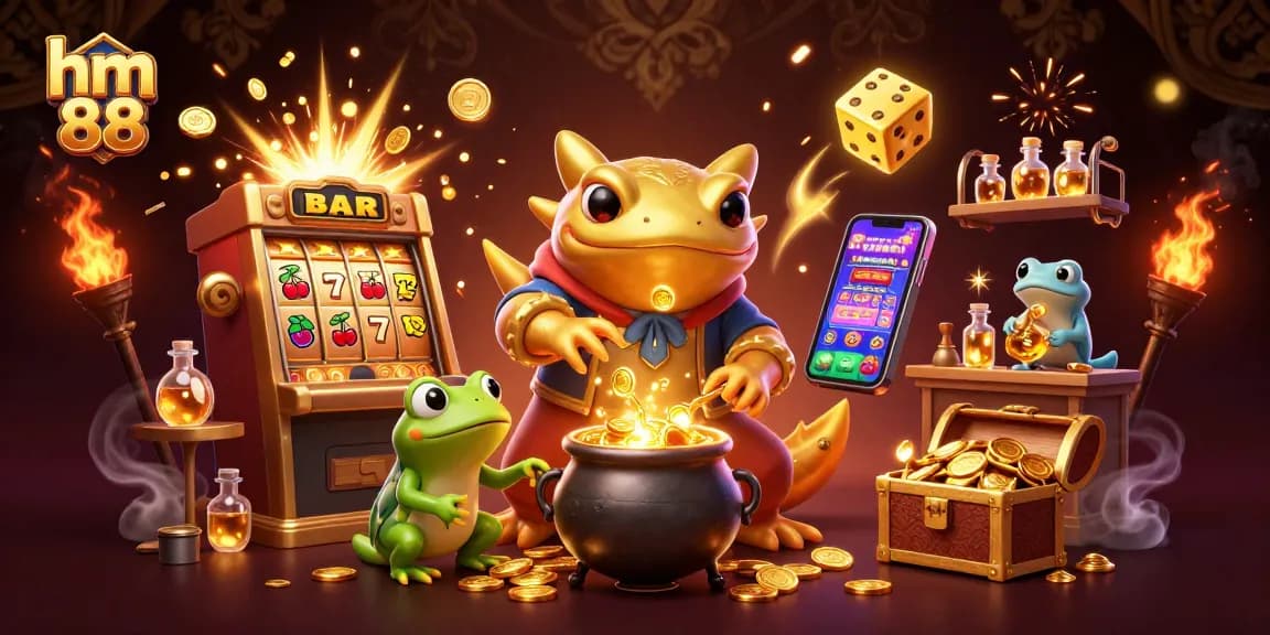 Spin and win with hm 88 at a vibrant cartoon casino bursting with rewards and golden treasures.