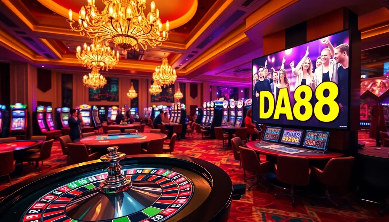 Players strategize at the casino, with the DA88 roulette wheel prominently featured on the vibrant gaming floor.