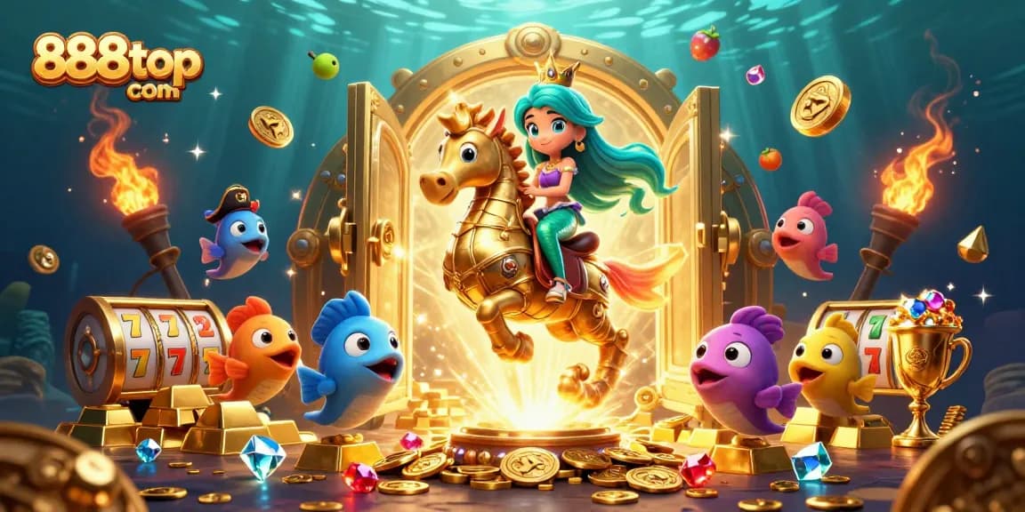 Experience the thrill of 888top com with a vibrant underwater casino illustration featuring a mermaid princess and treasures.
