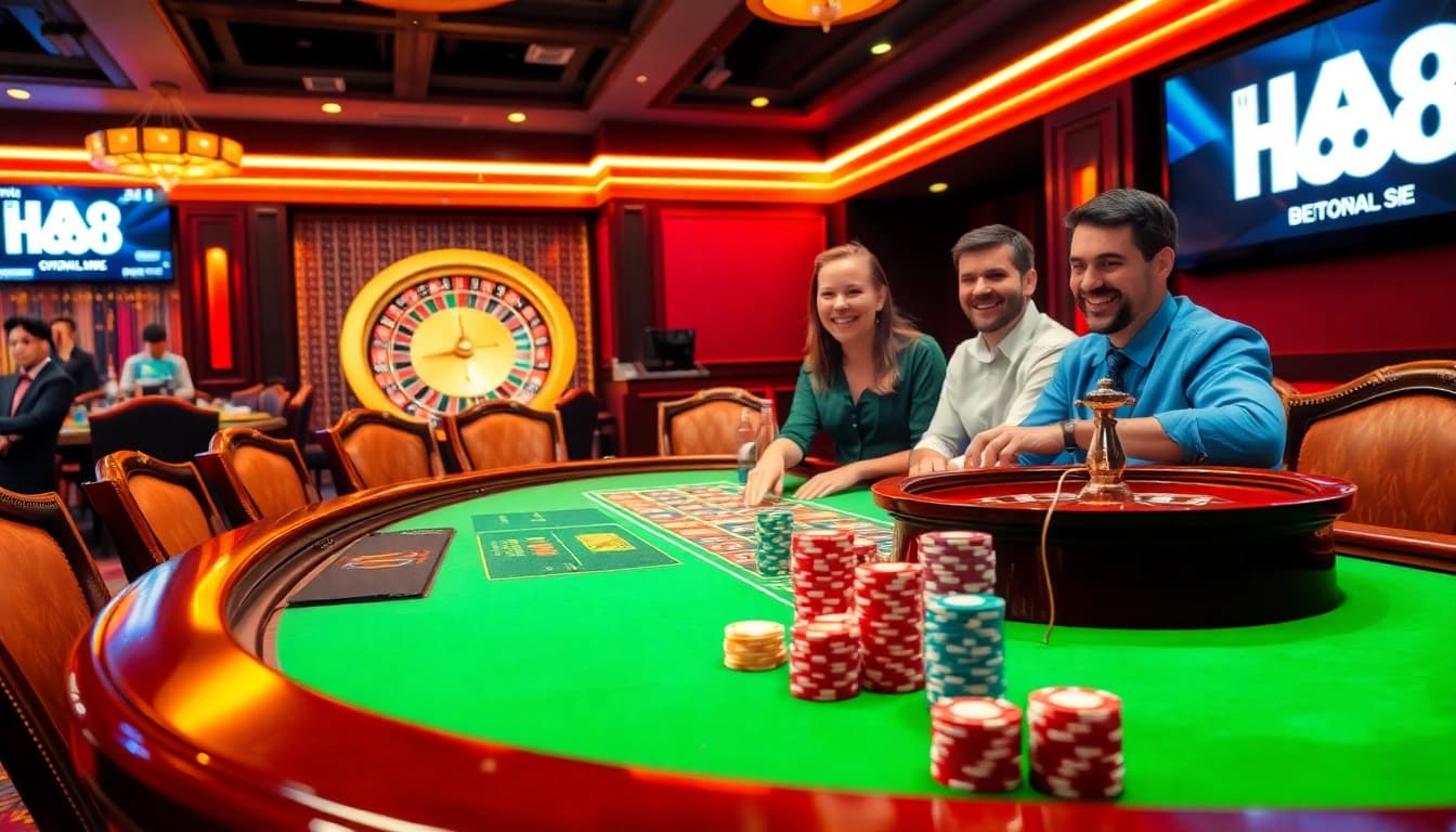 A thrilling casino scene where players engage with HAY 88 gaming tables amidst a luxurious backdrop of chips and roulette.