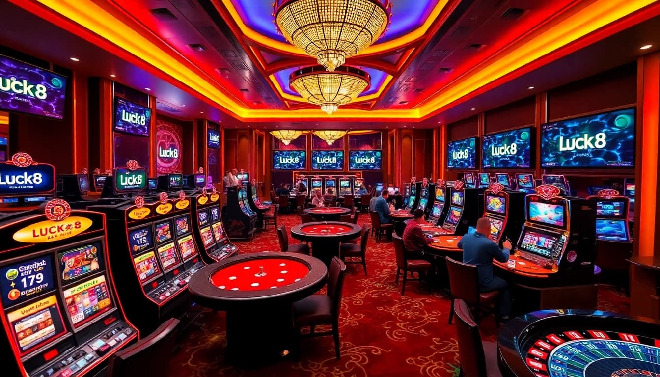 Players enjoying a lively game scene at Luck8 casino with vibrant slot machines and glamorous tables.