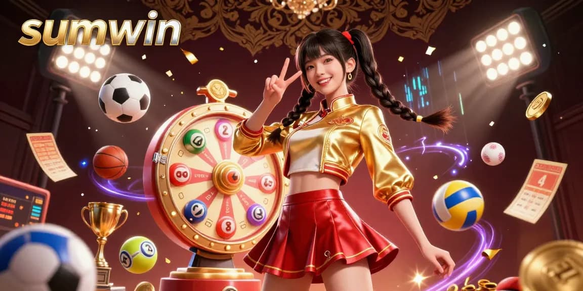Engage with sumwin in this vibrant casino scene showcasing lottery excitement and festive gaming elements.