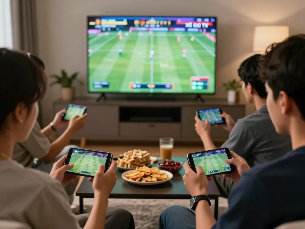 Engaged sports fans placing bets on xôi lạc tv during live matches, showcasing excitement and interaction.