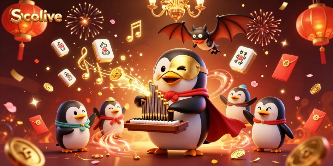 Socolive broadcasts feature a penguin performing on an organ, releasing coins and magical notes.