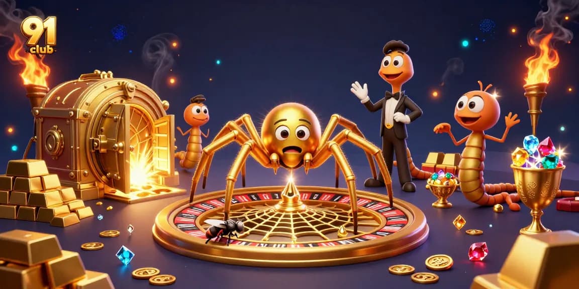 Experience thrilling bets at 91 club with golden spider and roulette web in a vibrant casino scene.