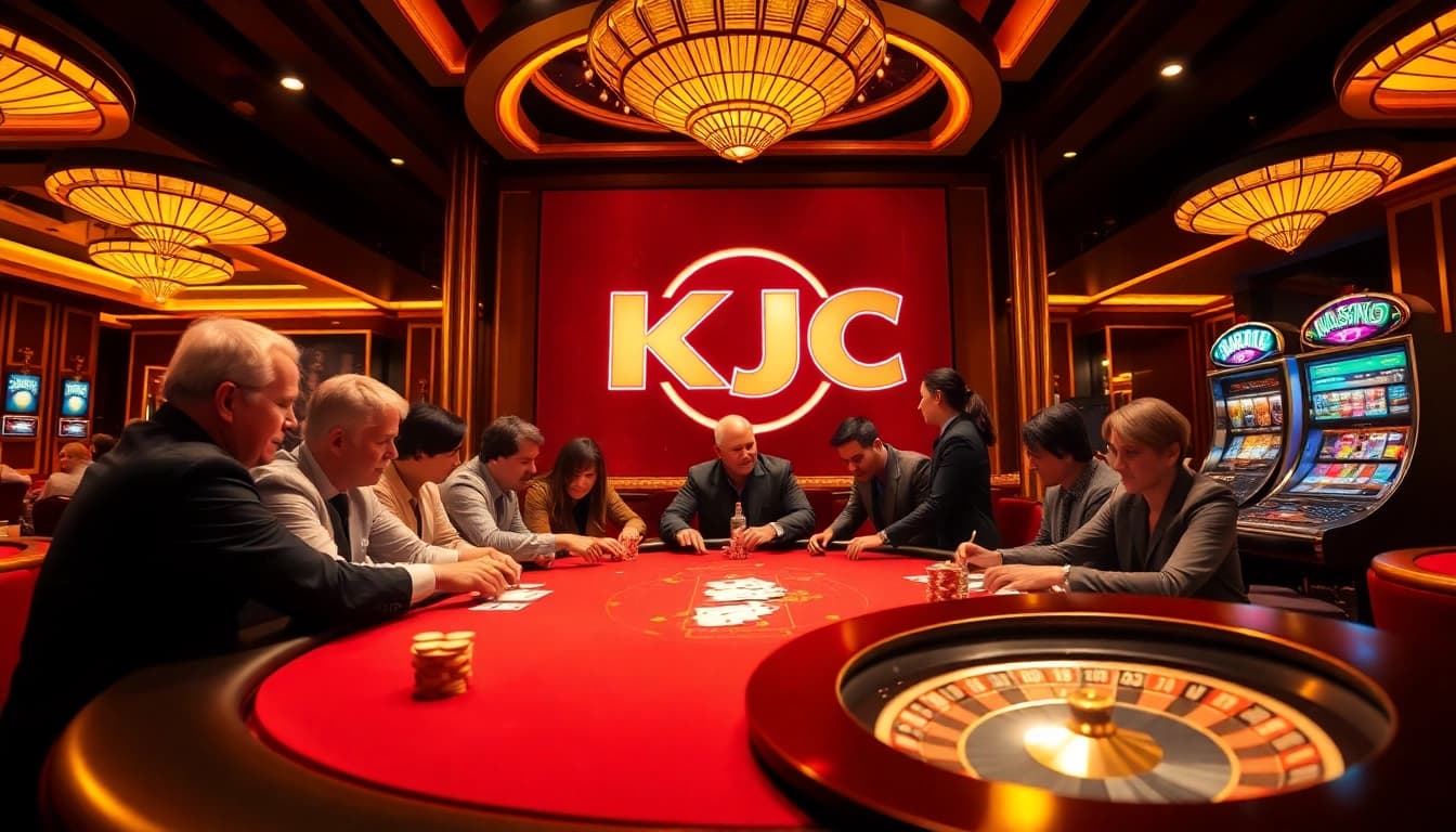 Players enjoying an exhilarating experience at KJC liên minh casino with cards, chips, and a roulette wheel.