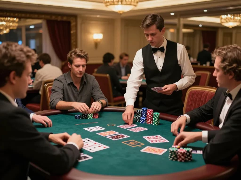 Engaging players at yo88i blackjack table in upscale casino, focused on winning strategies.