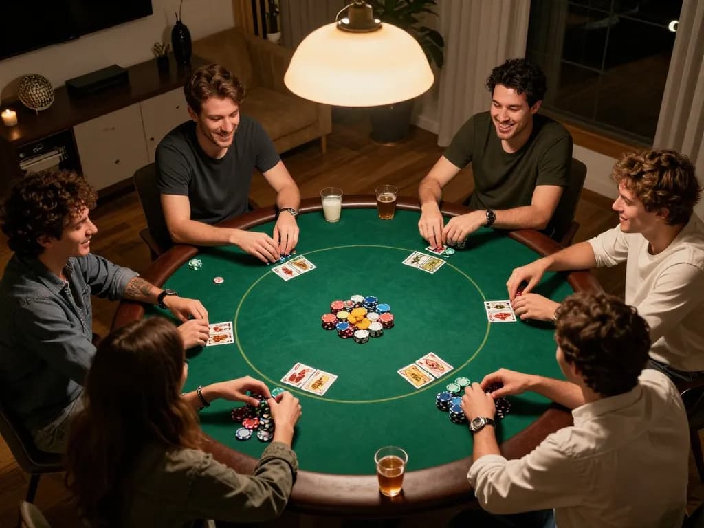 Players enjoy a friendly poker night at home, showcasing rr88 gaming strategies with dynamic gameplay.