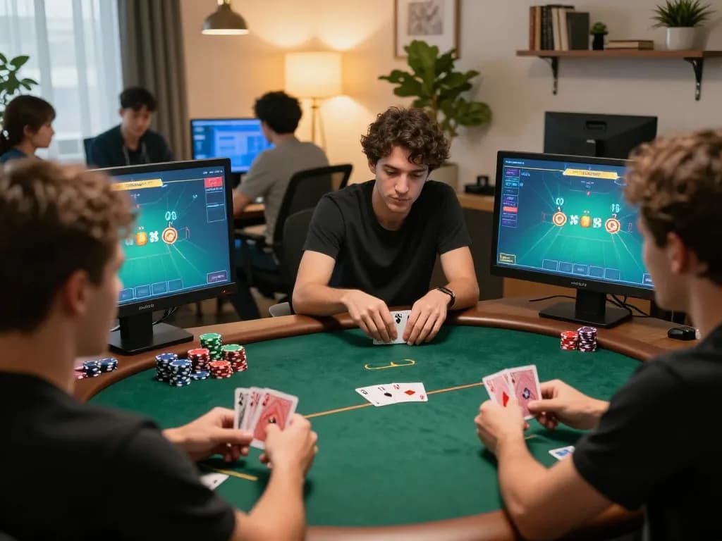 Engaging poker game with players betting strategically on tip88 amid a cozy home office setting.