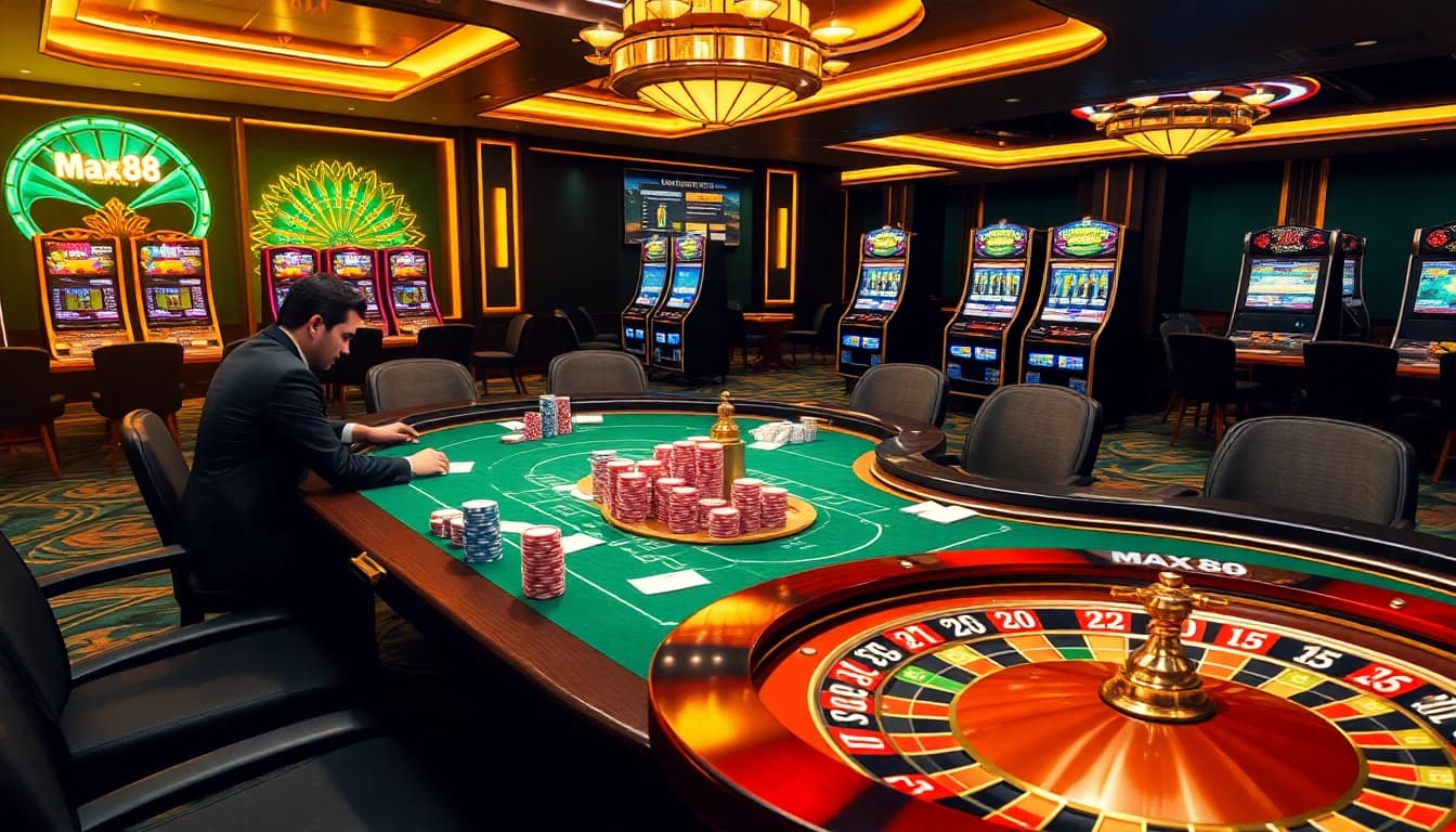 Experience thrilling gameplay at Max88 with vibrant poker chips and an elegant roulette wheel.