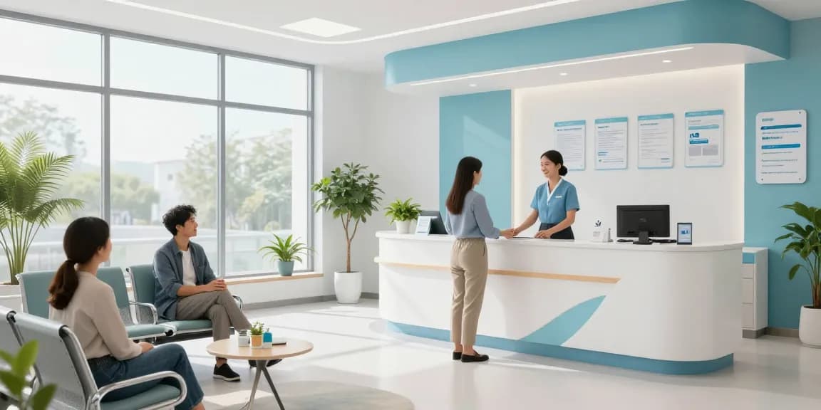 bl555 - Modern health clinic reception area, professional healthcare services, calming environment for patient care.