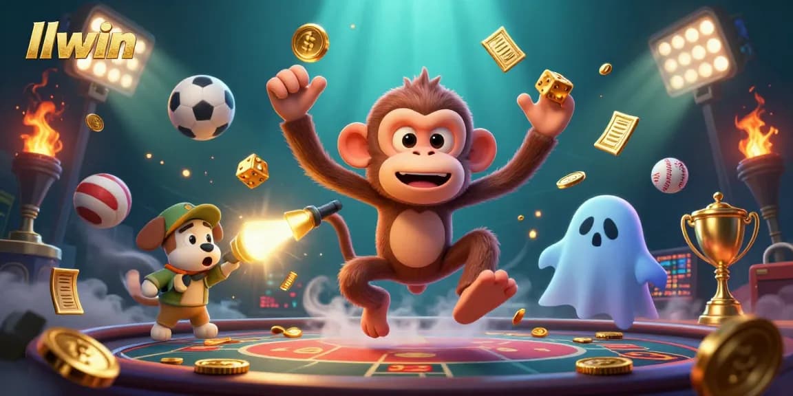 Engage with llwin's ghostly adventures as a poltergeist monkey interacts in a vibrant casino.
