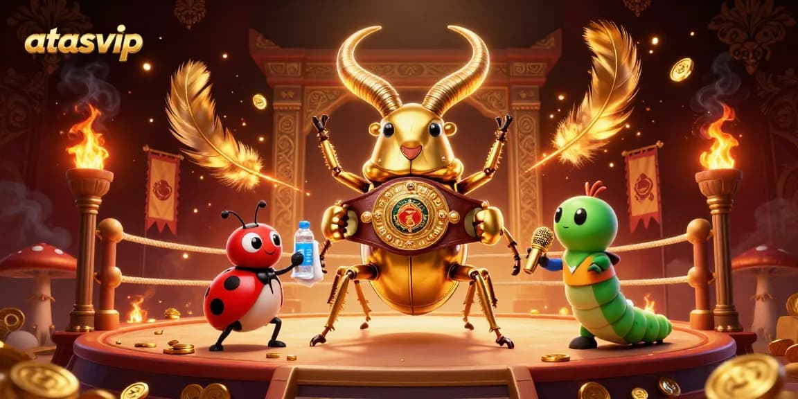 Engage with top-tier gaming at atasvip as a giant golden stag beetle battles in a casino-inspired scene.