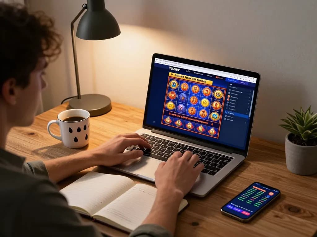 Experience an engaging online casino session with FABET as players strategize betting on vibrant slot games at home.