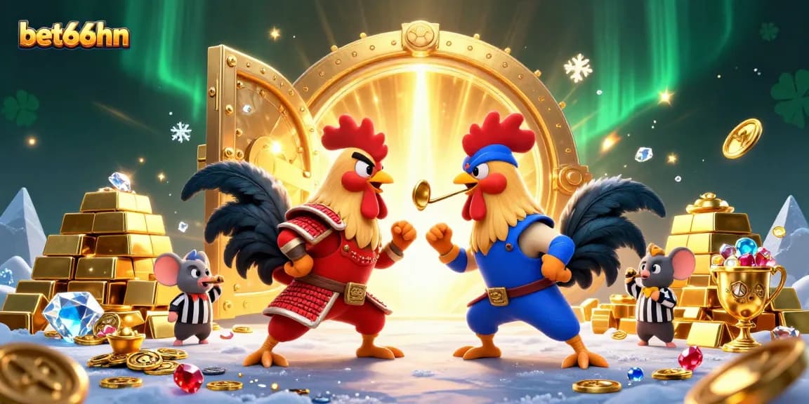 Watch as bet66hn's legendary roosters clash in a thrilling casino showdown, gold coins cascading everywhere.