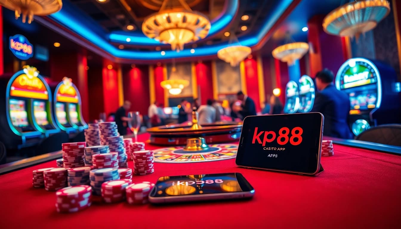 Experience the excitement of the kp88 app through a vibrant casino scene with engaging games and cocktails.