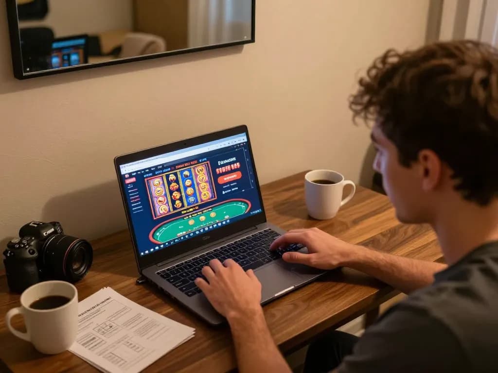 Dabet online casino gaming session showcasing a player engaging with a laptop, promoting responsible gambling.