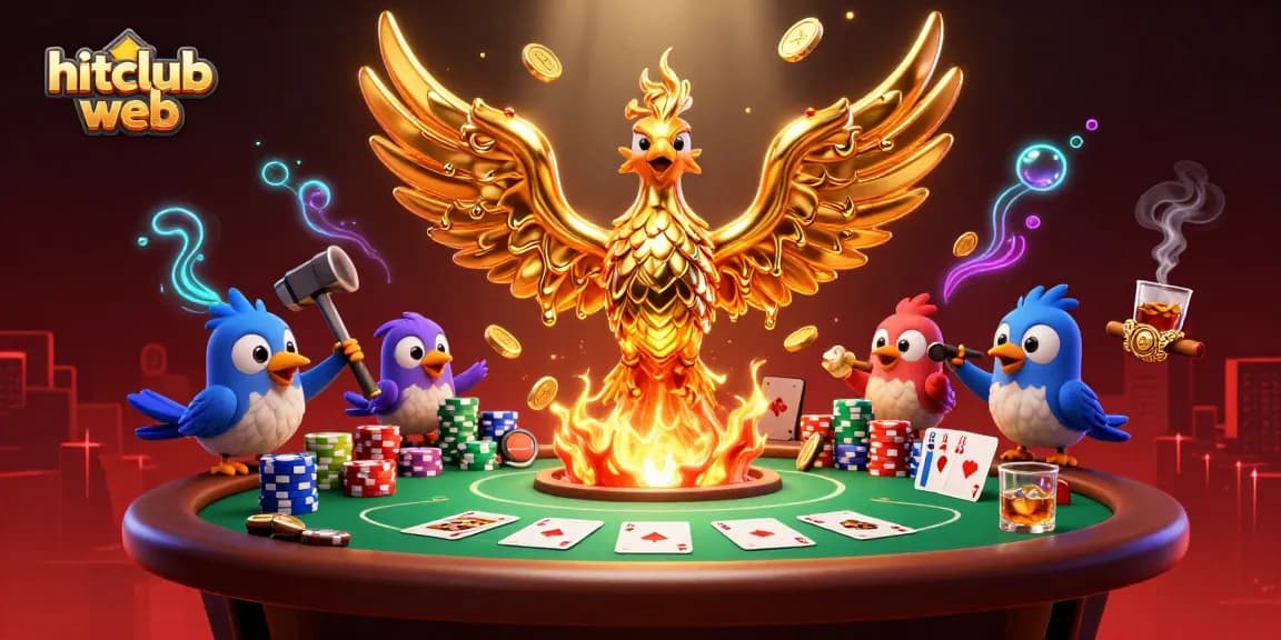 Bet on expert strategies at hitclub web, featuring a phoenix rising from golden coins in this vibrant casino scene.