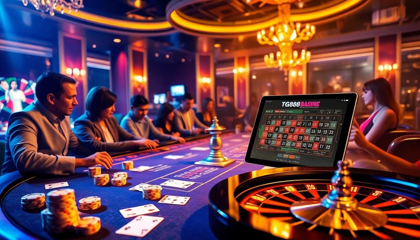 Players engaging at a casino table, highlighting https://tg88link.com/ excitement in gambling.