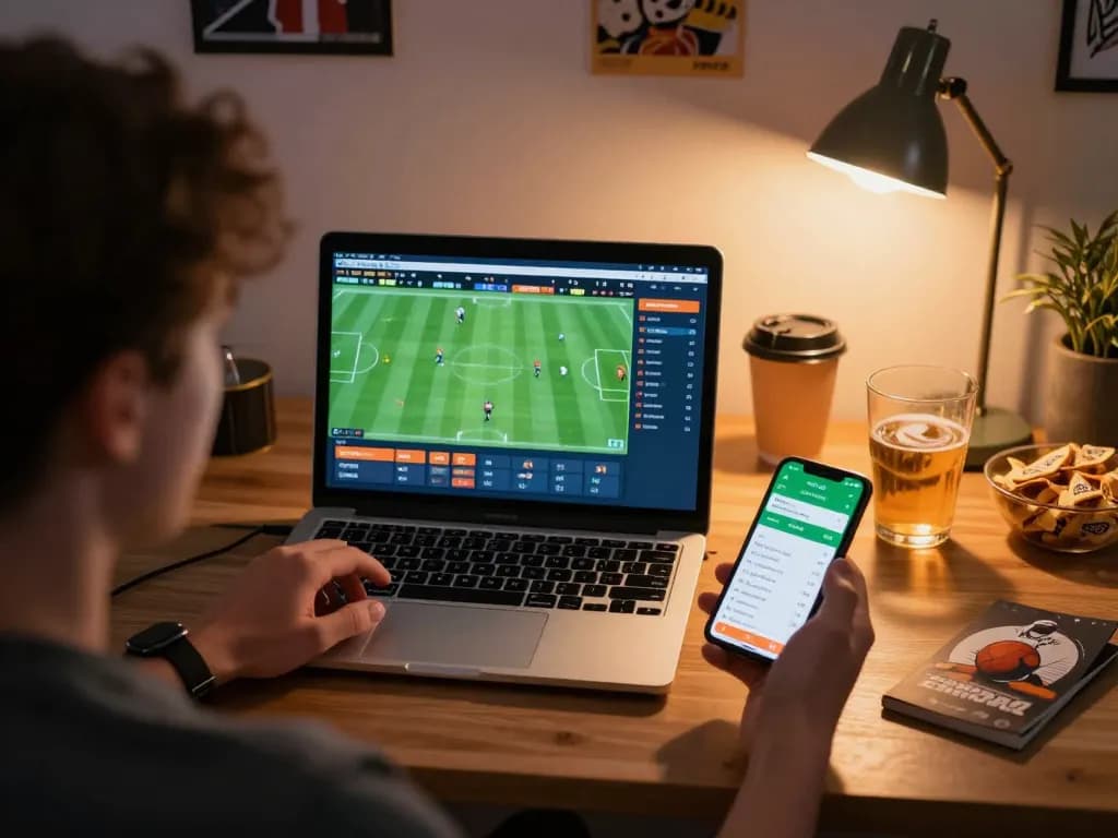 Engaging sports betting session at https://uu88vn.com/ showcasing laptop with live odds and enthusiastic player.