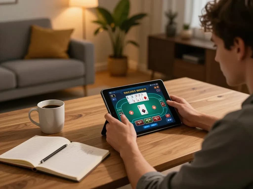 SC88 player engaged in online casino game on a tablet while reviewing strategy notes.