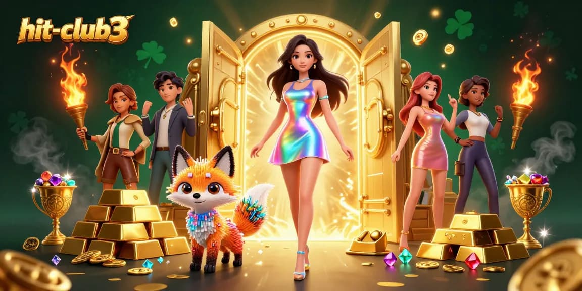 Experience the thrilling gaming atmosphere at hit-club3 with a dazzling 3D woman and colorful 3D fox amidst gold and jewels.
