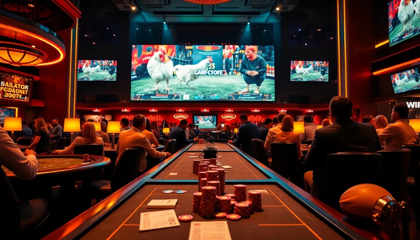 Experience đá gà trực tiếp with live betting excitement in a vibrant casino setting.