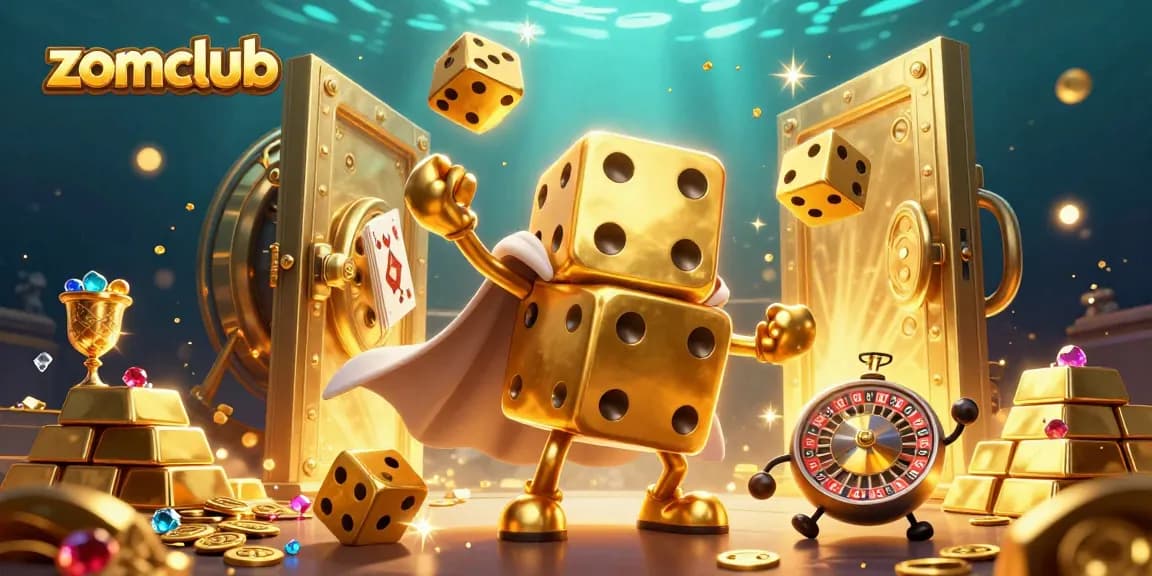 Experience the excitement of zomclub with a golden dice golem and vibrant casino elements in a rich 3D scene.
