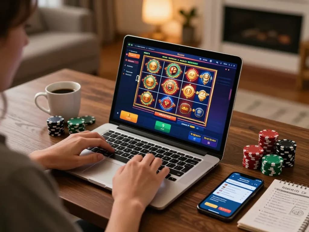 Engaging in online gaming at red88 with a laptop featuring vibrant slots, promoting responsible gambling.