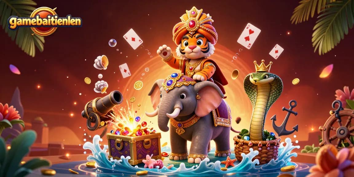 Win big with gamebaitienlen's action-packed scene featuring vibrant characters and gambling elements.
