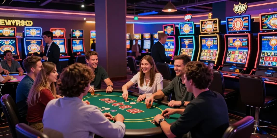 Exciting gaming atmosphere at hm 88 casino with friends at slot machines.