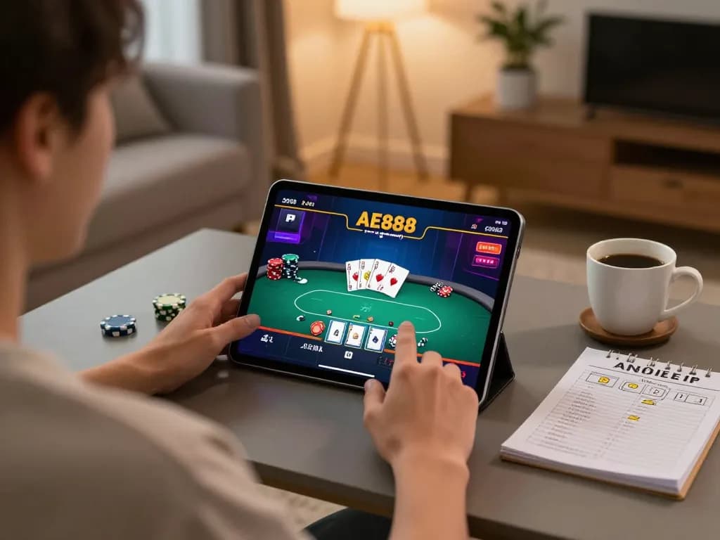 Engaged player using AE888 app on a tablet for online poker, with cozy home environment.