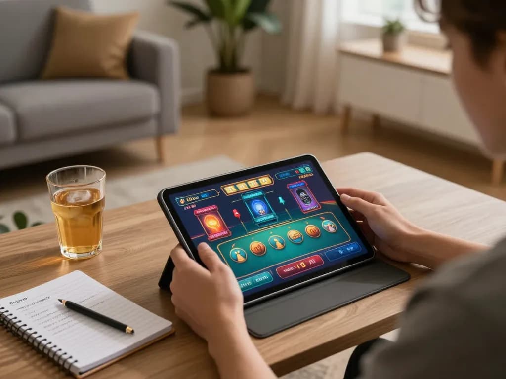 Engagerande i nya casino utan svensk licens på en surfplatta, mysig spelmiljö hemma med ambient belysning.