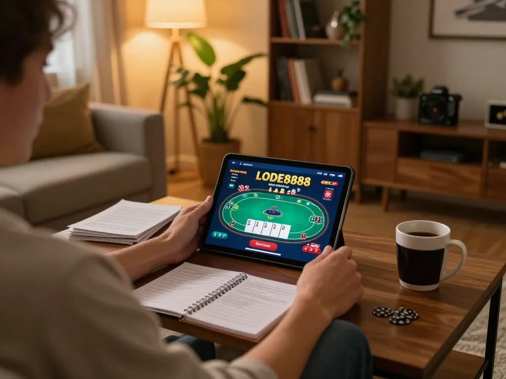 Engaging LODE888 gaming session on tablet at home, highlighting strategic gameplay and personal comfort