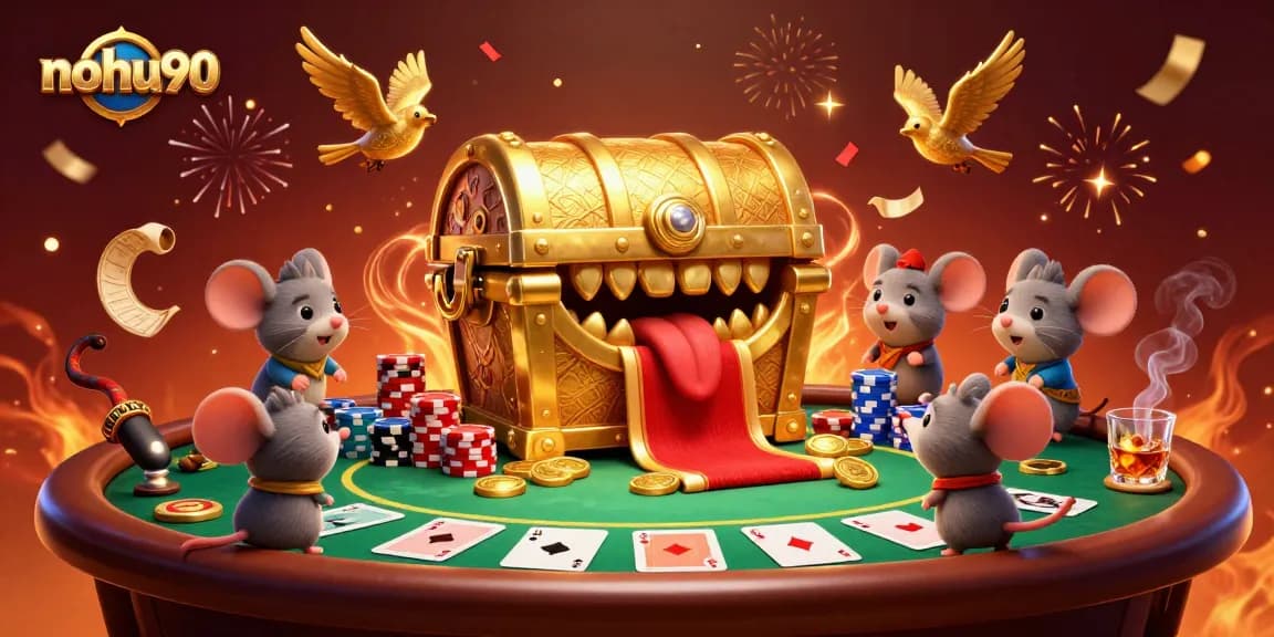 Engage with nohu90's thrilling casino experience featuring vibrant treasure chests and poker elements.
