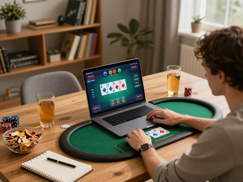 Player engaging in online poker game on laptop at home, showcasing strategic gameplay with lu88yy