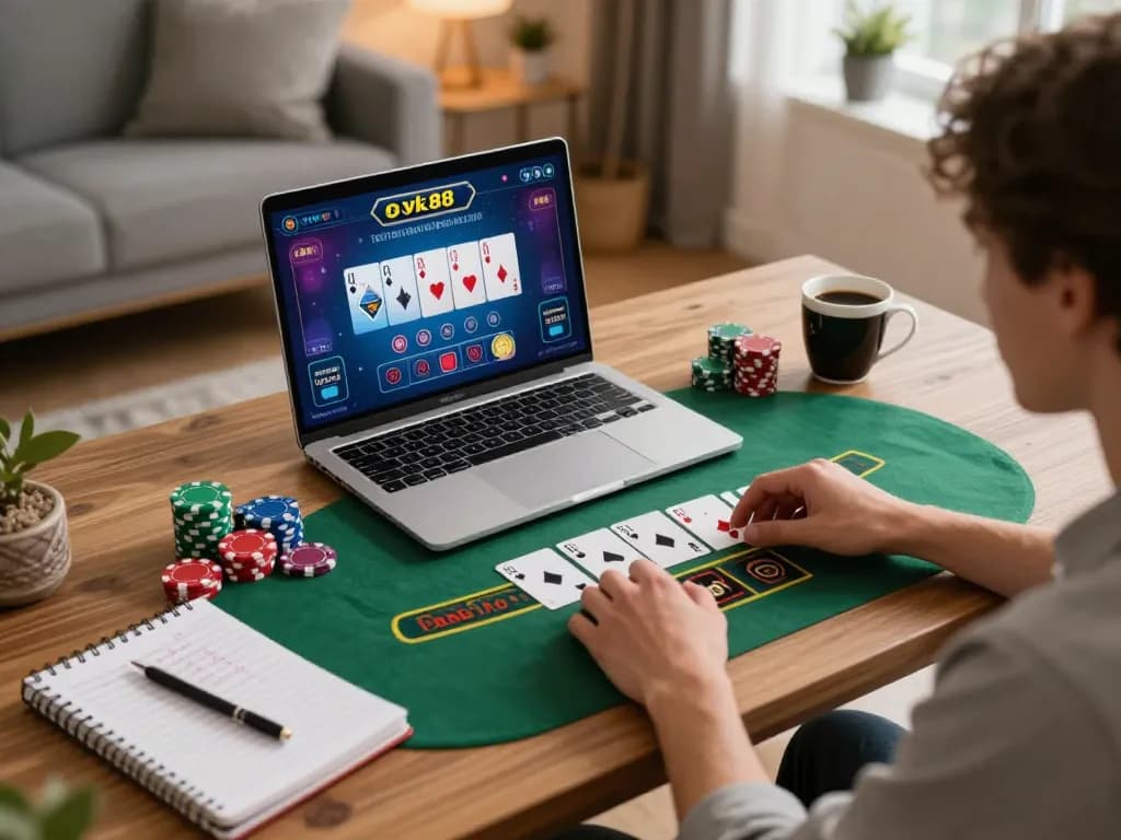 Experience dynamic online blackjack gameplay at vk88 in a cozy home setting.