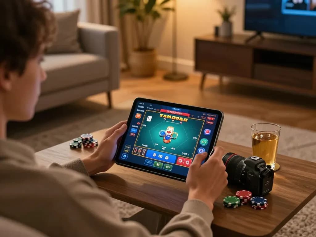 Engaged player using tablet for ku win casino gameplay in a cozy, stylish home setting