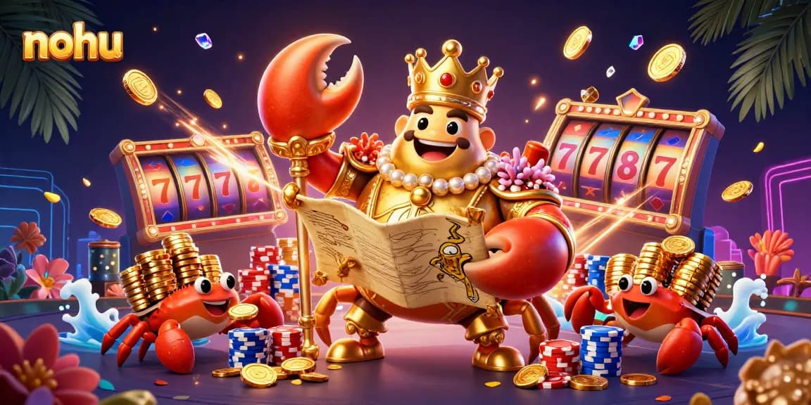 Nohu players winning big with a golden crab emperor, slot machines, and vibrant poker chips.