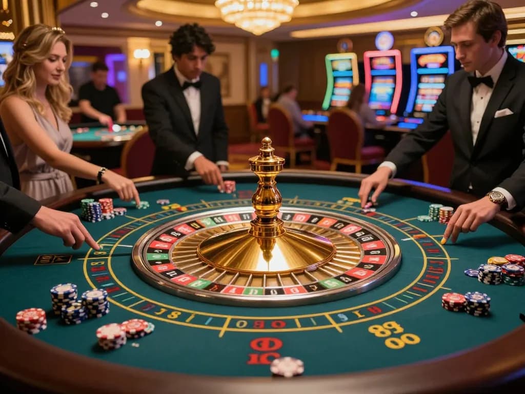 Sky88 roulette table showing players placing bets amidst vibrant casino excitement.