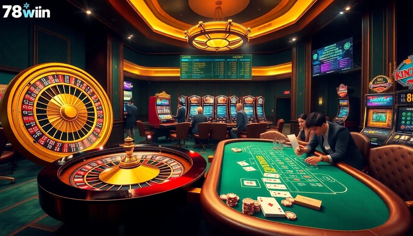 Engaging players experiencing excitement at the Trang chủ 78Win casino, featuring roulette and poker.