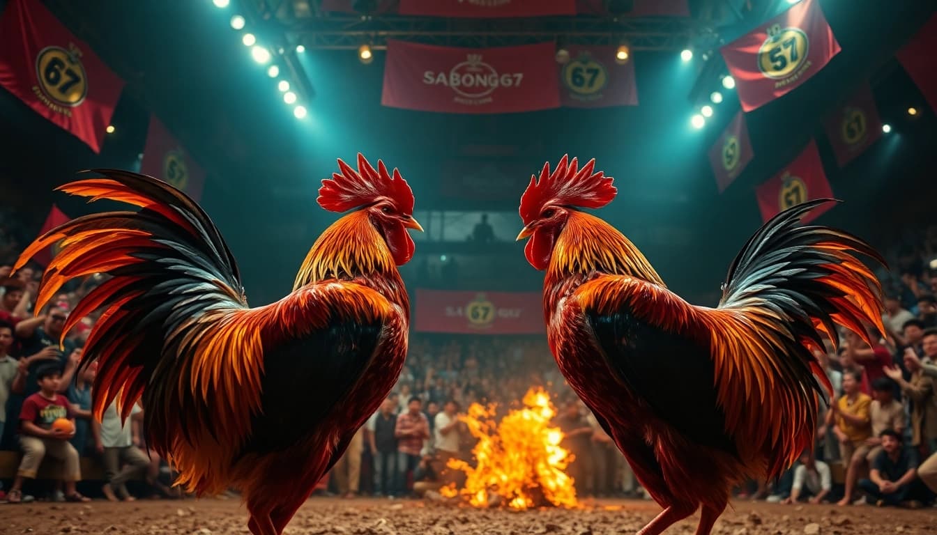 Live cockfighting event featuring Sabong67.ac roosters, showcasing thrilling action and vibrant crowd.